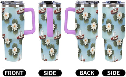 Leakproof Tumbler Vacuum Sealed Car Holder Friendly For Travel Simple Minimalist White Poppy Flower Pattern Coffee Mug Light Rose Red-style-27 - Colors A