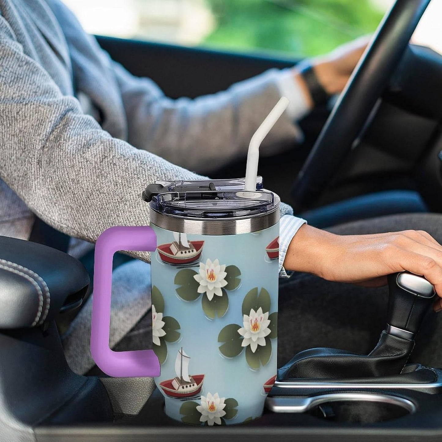 Leakproof Tumbler Vacuum Sealed Car Holder Friendly For Travel Simple Minimalist White Poppy Flower Pattern Coffee Mug Light Rose Red-style-27 - Colors A