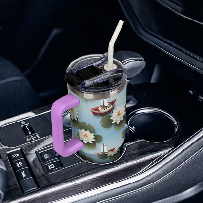 Leakproof Tumbler Vacuum Sealed Car Holder Friendly For Travel Simple Minimalist White Poppy Flower Pattern Coffee Mug Light Rose Red-style-27 - Colors A