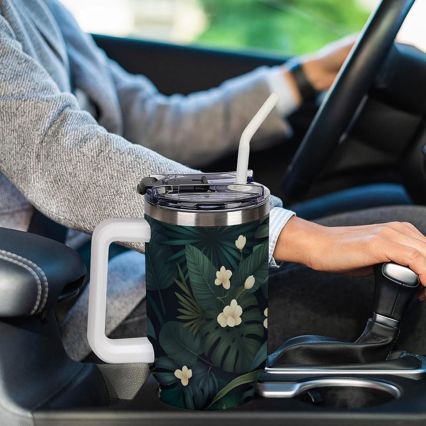 Leakproof Tumbler Vacuum Sealed Car Holder Friendly For Travel Simple Minimalist White Poppy Flower Pattern Coffee Mug Light Rose Red-style-27 - Colors A