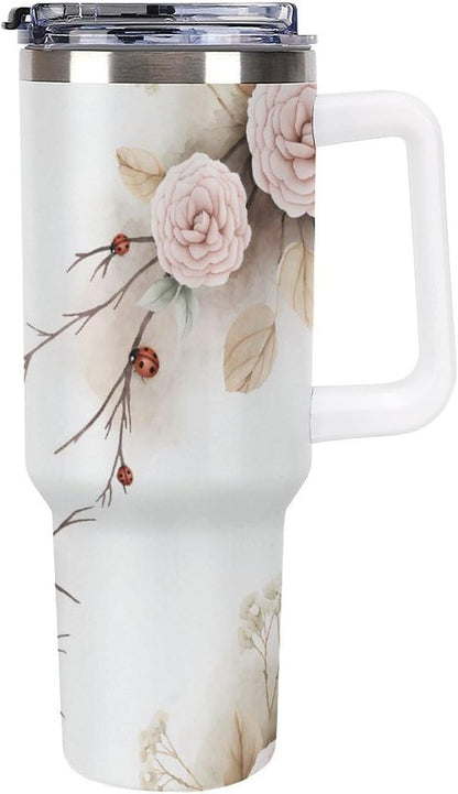 Leakproof Tumbler Vacuum Sealed Car Holder Friendly For Travel Simple Minimalist White Poppy Flower Pattern Coffee Mug Light Rose Red-style-27 - Colors A