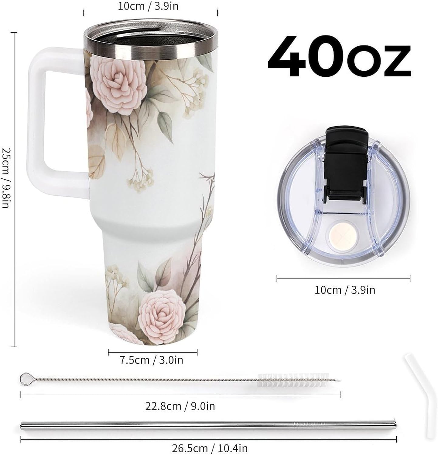 Leakproof Tumbler Vacuum Sealed Car Holder Friendly For Travel Simple Minimalist White Poppy Flower Pattern Coffee Mug Light Rose Red-style-27 - Colors A