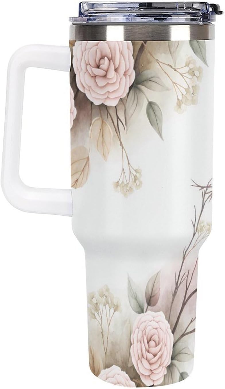Leakproof Tumbler Vacuum Sealed Car Holder Friendly For Travel Simple Minimalist White Poppy Flower Pattern Coffee Mug Light Rose Red-style-27 - Colors A
