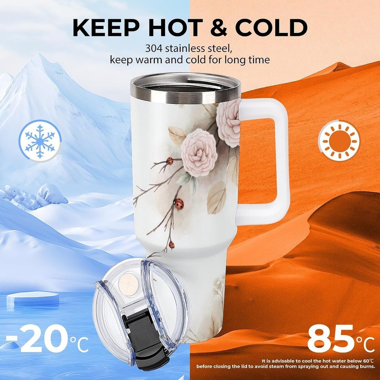 Leakproof Tumbler Vacuum Sealed Car Holder Friendly For Travel Simple Minimalist White Poppy Flower Pattern Coffee Mug Light Rose Red-style-27 - Colors A