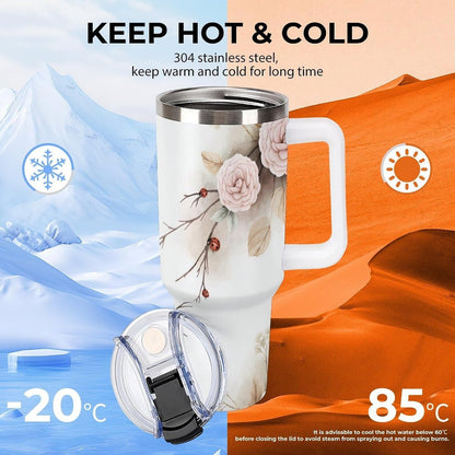 Leakproof Tumbler Vacuum Sealed Car Holder Friendly For Travel Simple Minimalist White Poppy Flower Pattern Coffee Mug Light Rose Red-style-27 - Colors A