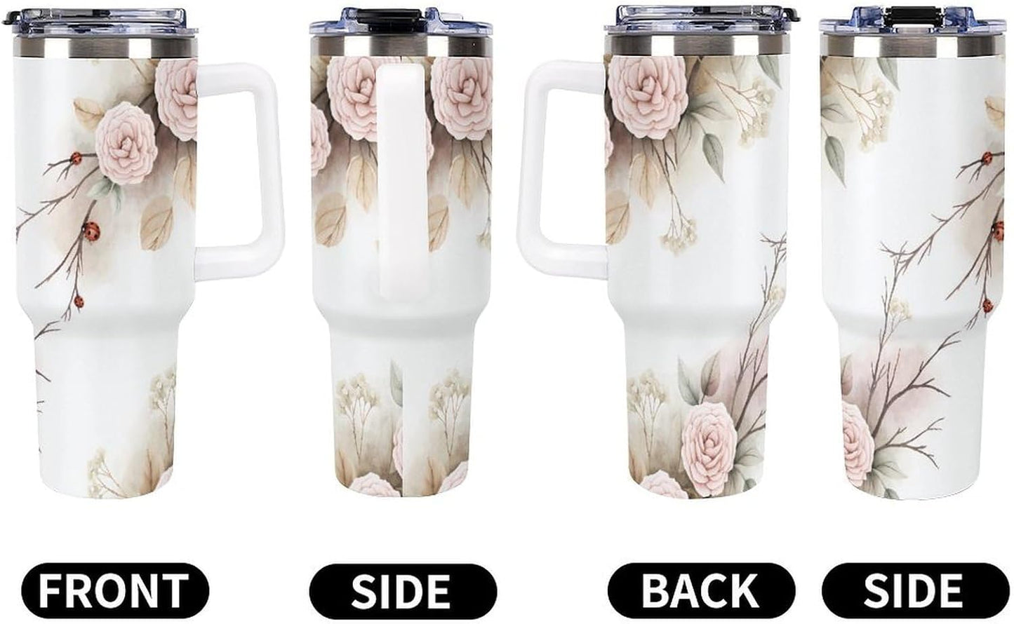 Leakproof Tumbler Vacuum Sealed Car Holder Friendly For Travel Simple Minimalist White Poppy Flower Pattern Coffee Mug Light Rose Red-style-27 - Colors A