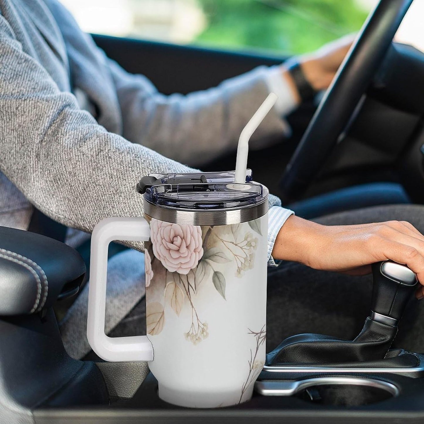 Leakproof Tumbler Vacuum Sealed Car Holder Friendly For Travel Simple Minimalist White Poppy Flower Pattern Coffee Mug Light Rose Red-style-27 - Colors A