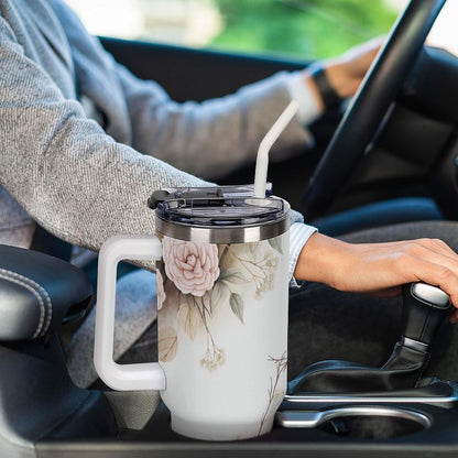 Leakproof Tumbler Vacuum Sealed Car Holder Friendly For Travel Simple Minimalist White Poppy Flower Pattern Coffee Mug Light Rose Red-style-27 - Colors A