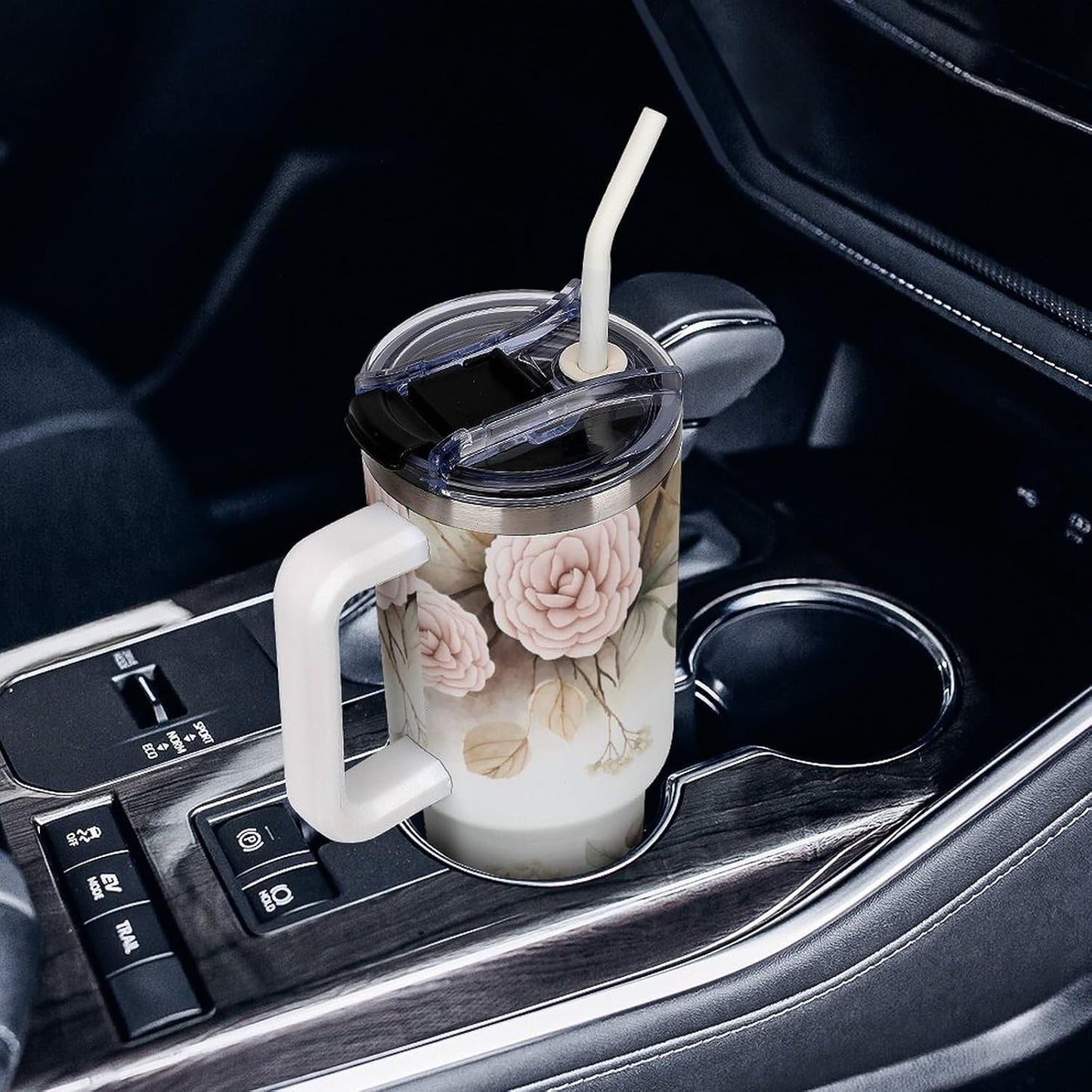 Leakproof Tumbler Vacuum Sealed Car Holder Friendly For Travel Simple Minimalist White Poppy Flower Pattern Coffee Mug Light Rose Red-style-27 - Colors A