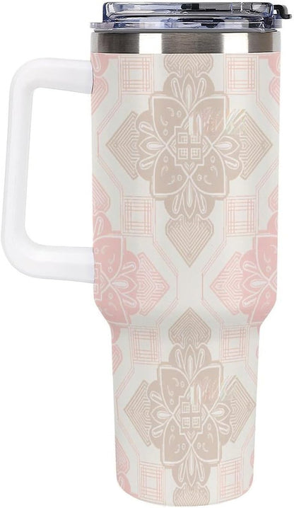 Leakproof Tumbler Vacuum Sealed Car Holder Friendly For Travel Simple Minimalist White Poppy Flower Pattern Coffee Mug Light Rose Red-style-27 - Colors A