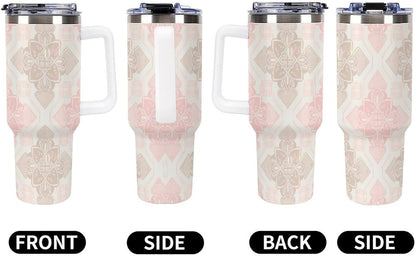 Leakproof Tumbler Vacuum Sealed Car Holder Friendly For Travel Simple Minimalist White Poppy Flower Pattern Coffee Mug Light Rose Red-style-27 - Colors A