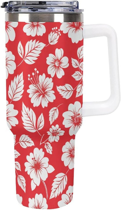 Leakproof Tumbler Vacuum Sealed Car Holder Friendly For Travel Simple Minimalist White Poppy Flower Pattern Coffee Mug Light Rose Red-style-27 - Colors A