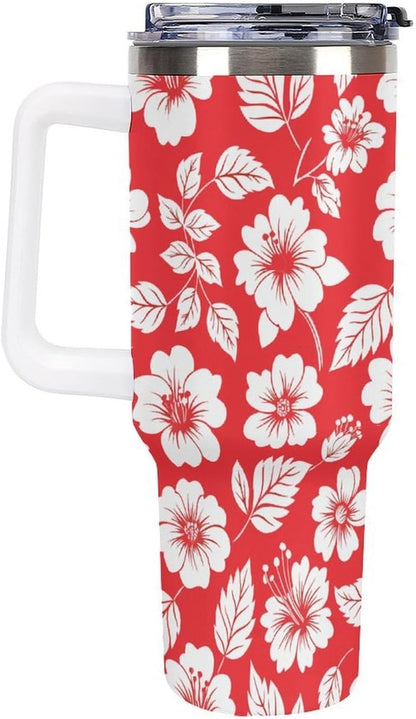 Leakproof Tumbler Vacuum Sealed Car Holder Friendly For Travel Simple Minimalist White Poppy Flower Pattern Coffee Mug Light Rose Red-style-27 - Colors A