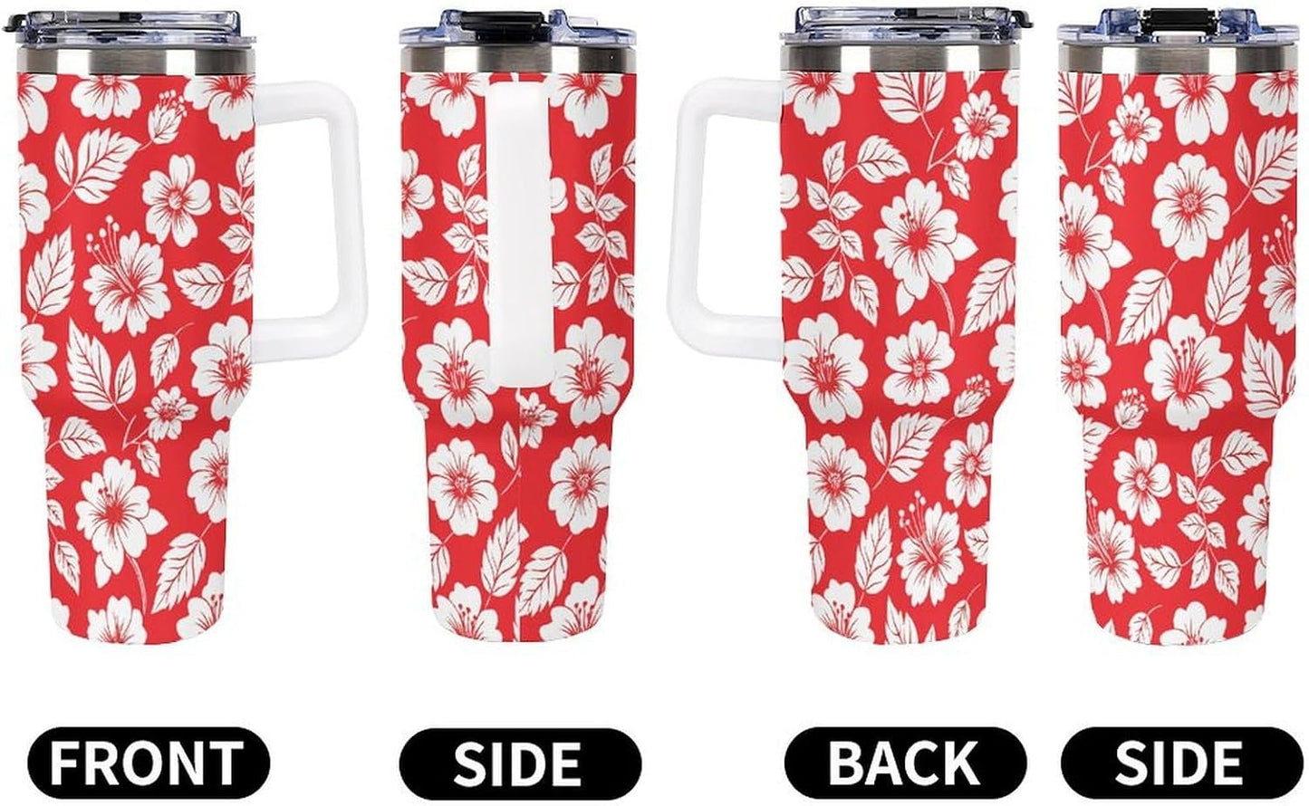 Leakproof Tumbler Vacuum Sealed Car Holder Friendly For Travel Simple Minimalist White Poppy Flower Pattern Coffee Mug Light Rose Red-style-27 - Colors A