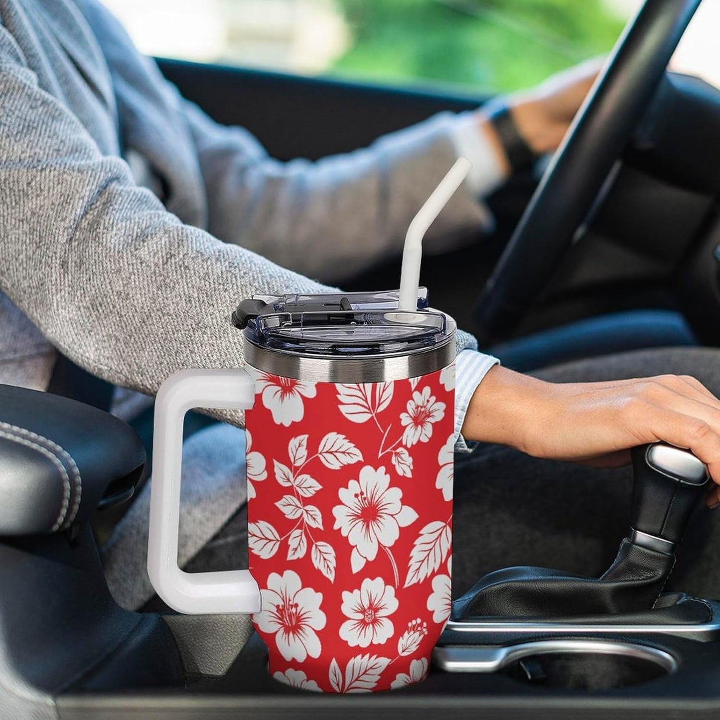 Leakproof Tumbler Vacuum Sealed Car Holder Friendly For Travel Simple Minimalist White Poppy Flower Pattern Coffee Mug Light Rose Red-style-27 - Colors A