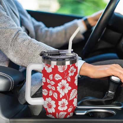 Leakproof Tumbler Vacuum Sealed Car Holder Friendly For Travel Simple Minimalist White Poppy Flower Pattern Coffee Mug Light Rose Red-style-27 - Colors A