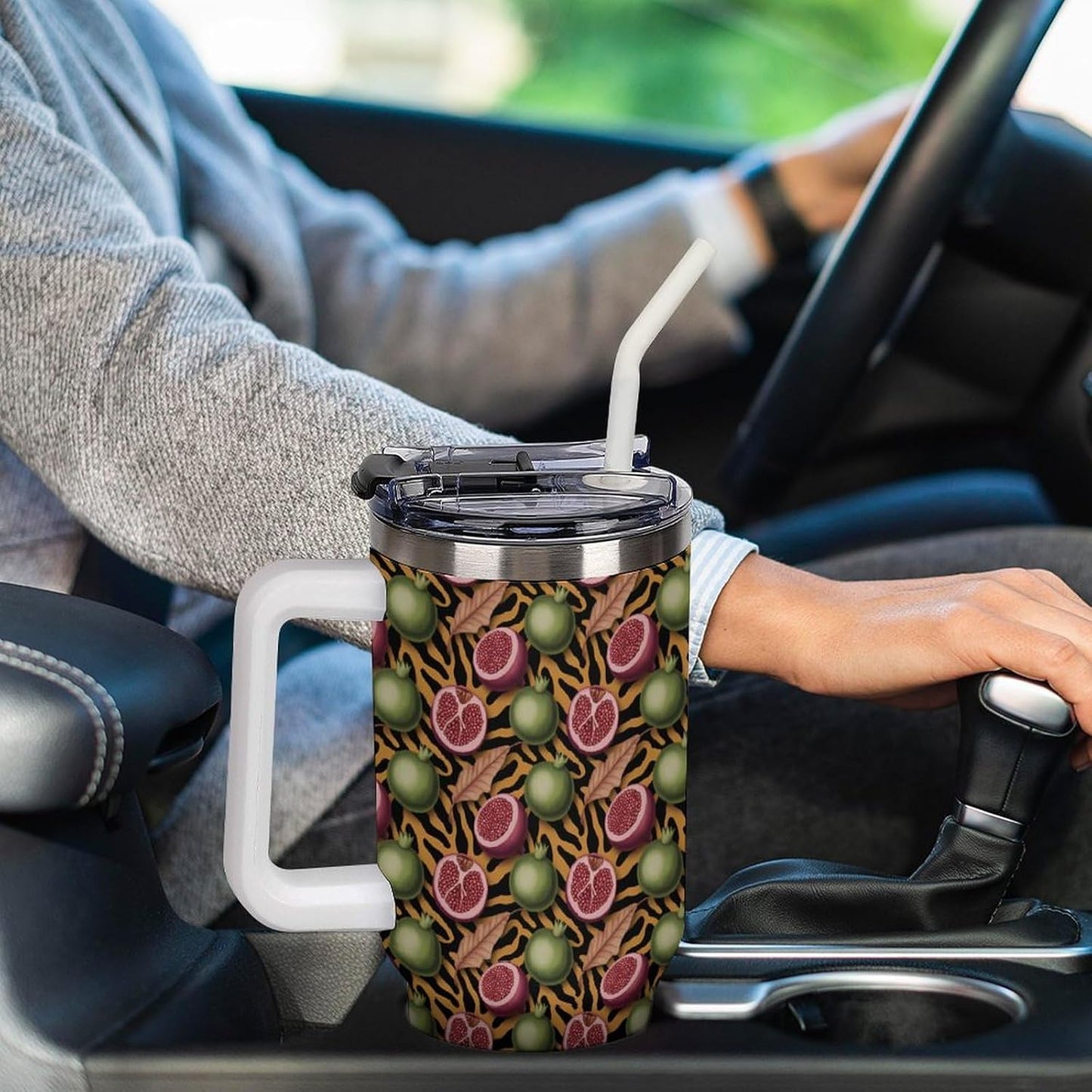 Leakproof Tumbler Vacuum Sealed Car Holder Friendly For Travel Simple Minimalist White Poppy Flower Pattern Coffee Mug Light Rose Red-style-27 - Colors A