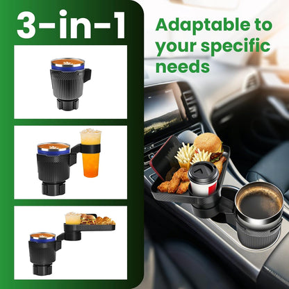 Car Cup Holder Tray, Extra Large Car Cup Holder Expander with 360° Rotation Fit Most Big Cup Detachable 3 in 1 Car Trays for Eating, Phone & Snack Organizer Road Trip Essentials