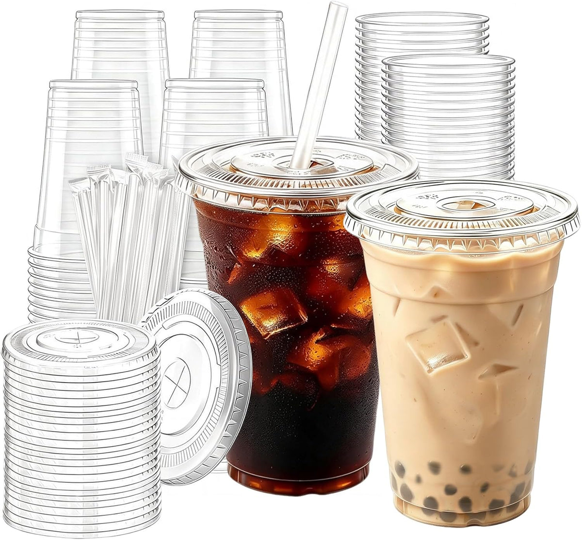 Iced Coffee Cups with Lids Straws, 50 Sets 16oz Plastic Boba Cups