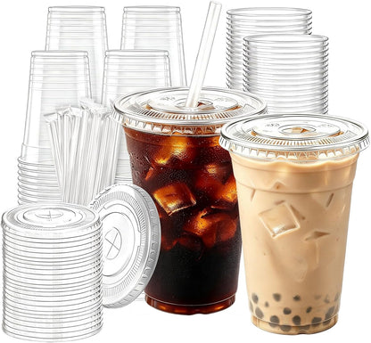 Iced Coffee Cups with Lids Straws, 50 Sets 16oz Plastic Boba Cups