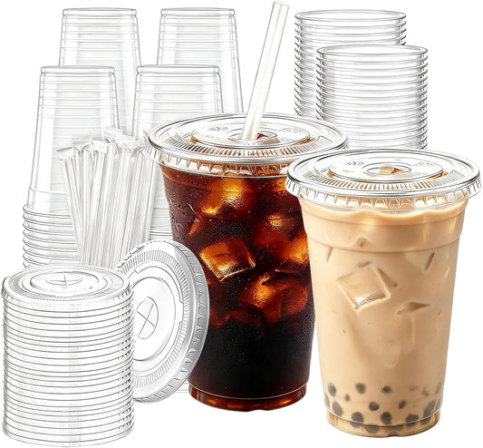 Iced Coffee Cups with Lids Straws, 50 Sets 16oz Plastic Boba Cups
