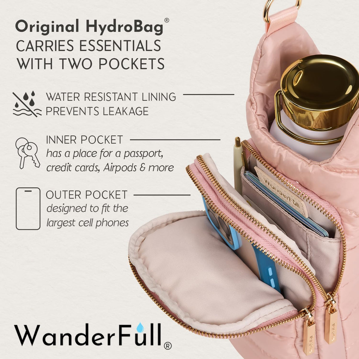 Original HydroBag Crossbody Water Bottle Holder with Phone Pocket, Fits Water Bottles up to 32 oz - Colors A
