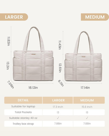 Tote Bag for Women, Large Puffer Work Tote Bag for 15.6 Inch Laptop, Lightweight Travel Tote with Zipper Gifts for Women