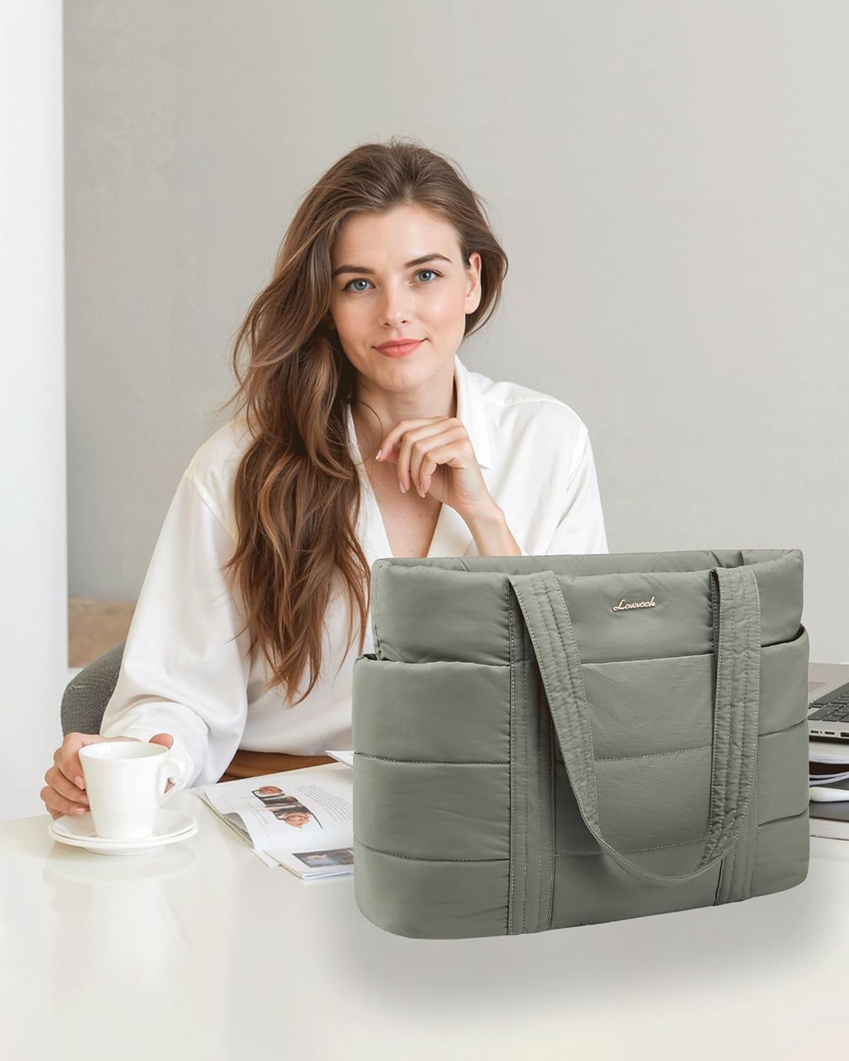 Tote Bag for Women, Large Puffer Work Tote Bag for 15.6 Inch Laptop, Lightweight Travel Tote with Zipper Gifts for Women