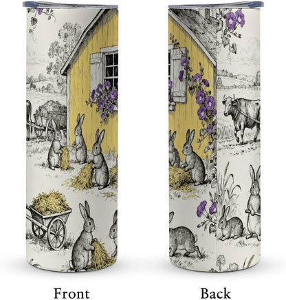 20oz Stainless Steel Car Tumbler, Hop & Bloom Bunny Toile Coffee Cup for Hot/Cold Drinks Double-Wall Vacuum Insulated Travel Mug with Leak-Proof Lid, Car Cup Fits Most Cup Holders, BPA-Free