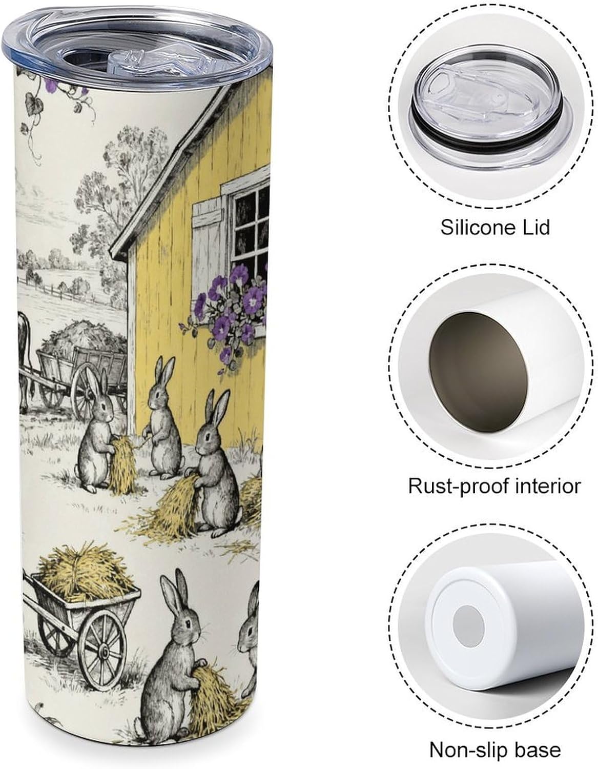 20oz Stainless Steel Car Tumbler, Hop & Bloom Bunny Toile Coffee Cup for Hot/Cold Drinks Double-Wall Vacuum Insulated Travel Mug with Leak-Proof Lid, Car Cup Fits Most Cup Holders, BPA-Free