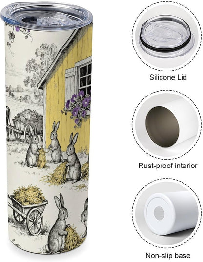 20oz Stainless Steel Car Tumbler, Hop & Bloom Bunny Toile Coffee Cup for Hot/Cold Drinks Double-Wall Vacuum Insulated Travel Mug with Leak-Proof Lid, Car Cup Fits Most Cup Holders, BPA-Free