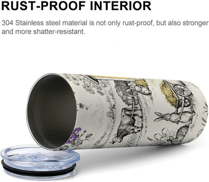 20oz Stainless Steel Car Tumbler, Hop & Bloom Bunny Toile Coffee Cup for Hot/Cold Drinks Double-Wall Vacuum Insulated Travel Mug with Leak-Proof Lid, Car Cup Fits Most Cup Holders, BPA-Free