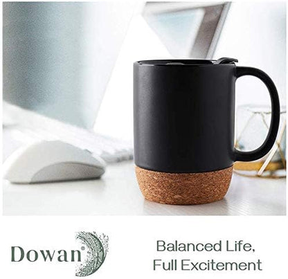 DOWAN Coffee Mugs, 15 oz Mug Set of 2, Large Ceramic Coffee Mug with Cork Bottom and Spill Proof Lid for Mom Dad, Big Mug for Latte Tea, Matte Grey