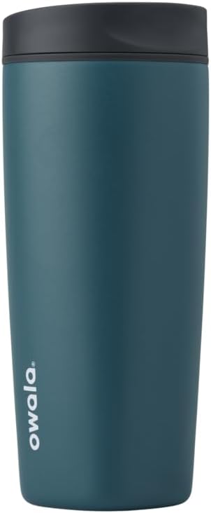Owala SmoothSip Slider Insulated Stainless Steel Coffee Tumbler, Reusable Iced Coffee Cup, Hot Coffee Travel Mug, BPA Free 20 oz, Grey/Blue (High Dive)