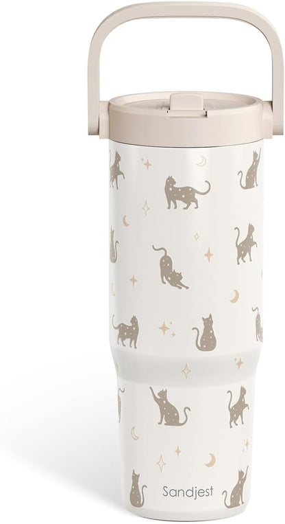 SANDJEST Leopard Skin Stainless Steel Straw Lid Tumbler 30oz with Carry Handle for Women Girls, Insulated Travel Coffee Cup, Gift for Sports Outdoor Workout Christmas Birthday (Beige)