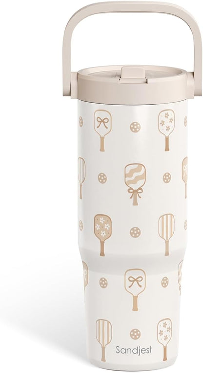 SANDJEST Leopard Skin Stainless Steel Straw Lid Tumbler 30oz with Carry Handle for Women Girls, Insulated Travel Coffee Cup, Gift for Sports Outdoor Workout Christmas Birthday (Beige)