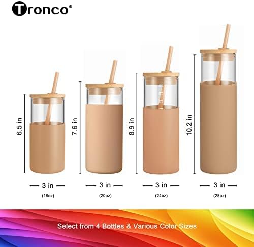 Tronco 20 oz Glass Tumbler with Lid and Straw, Iced Coffee Cup and Smoothie Cup with Bamboo Lids & Protective Silicone Sleeve, Dishwasher Safe, BPA-Free, Glass Cup 1 Pack - Colors B