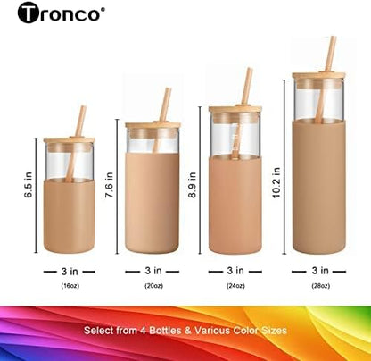 Tronco 20 oz Glass Tumbler with Lid and Straw, Iced Coffee Cup and Smoothie Cup with Bamboo Lids & Protective Silicone Sleeve, Dishwasher Safe, BPA-Free, Glass Cup 1 Pack - Colors B