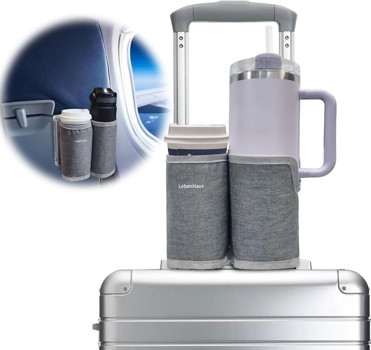2 in 1 Luggage Cup Holder for Suitcase Airplane Drink Carrier Travel Gray