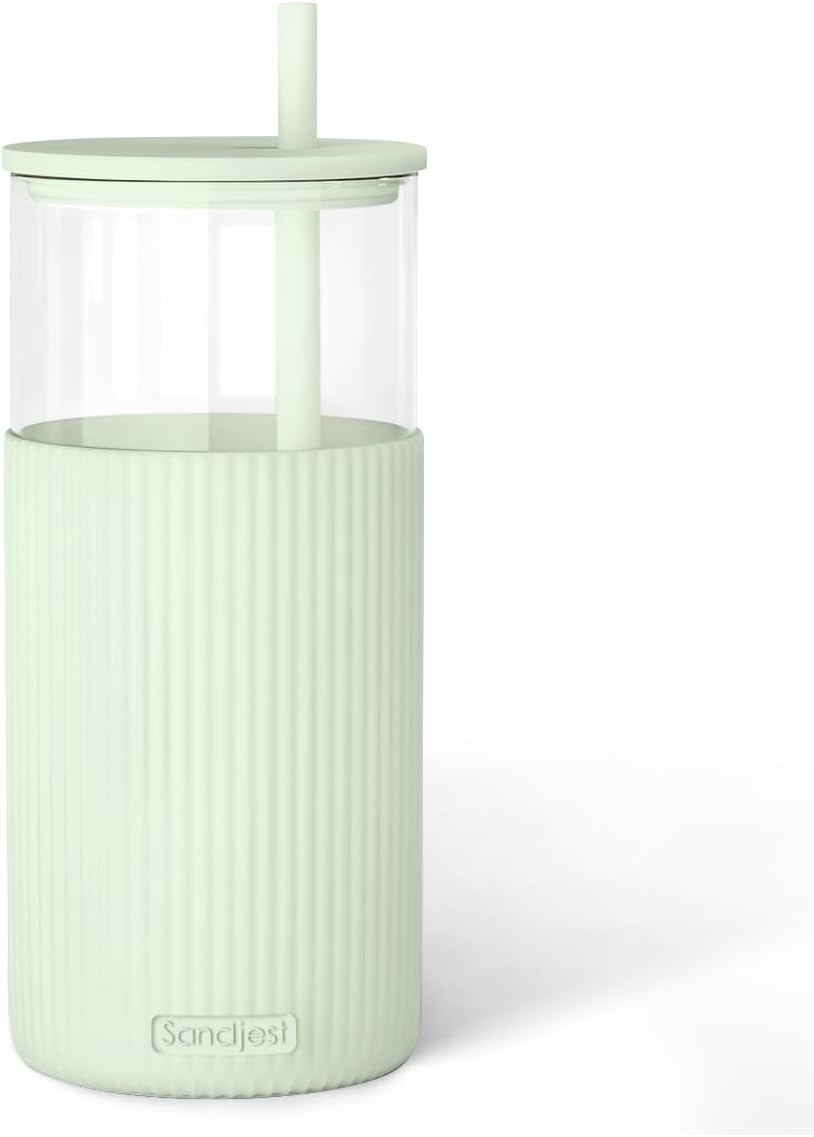 SANDJEST Glass Tumbler with Straw and Lid, Glass Water Bottle with Silicone Sleeve 20oz, Smoothie, Iced Coffee Cup, Gifts for Women Teen Girls Birthday Christmas (Cream)