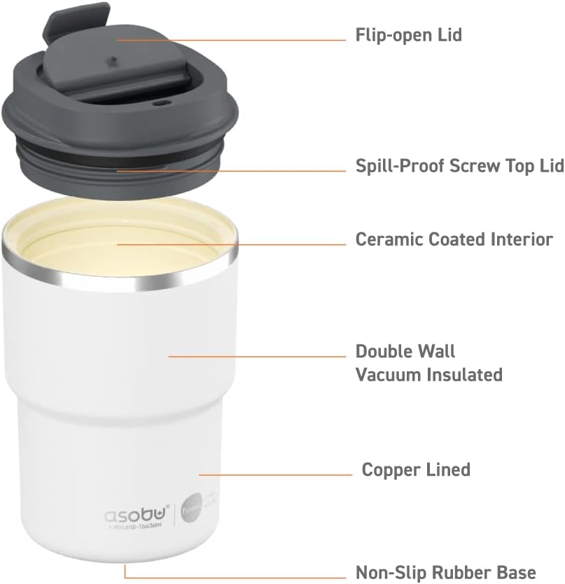 asobu Ultimate Ceramic Travel Mug, 12oz Insulated Stainless Steel Coffee Cup with Handle & Splash-Resistant Lid, Ceramic Lined for Pure Taste, BPA-Free, Double-Wall Vacuum for Hot Drinks