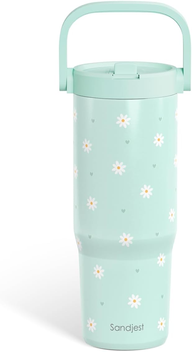 SANDJEST Leopard Skin Stainless Steel Straw Lid Tumbler 30oz with Carry Handle for Women Girls, Insulated Travel Coffee Cup, Gift for Sports Outdoor Workout Christmas Birthday (Beige)