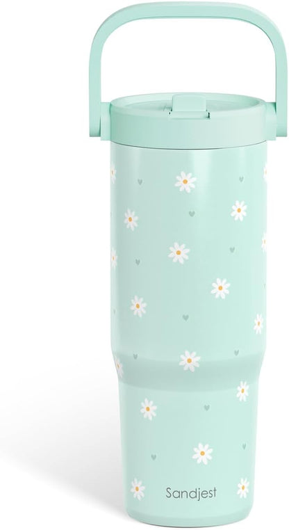 SANDJEST Leopard Skin Stainless Steel Straw Lid Tumbler 30oz with Carry Handle for Women Girls, Insulated Travel Coffee Cup, Gift for Sports Outdoor Workout Christmas Birthday (Beige)