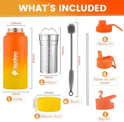 Lexlion Tea Infuser Water Bottle 32 Oz – Triple Wall Insulated Stainless Steel, Loose Leaf & Fruit Strainer, 3 Leakproof Lids, BPA-Free Silicone Sleeve, Reusable Thermal Mug