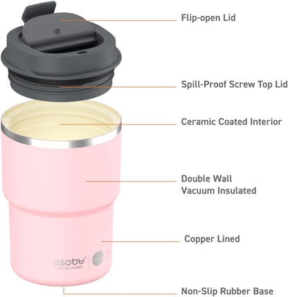 asobu Ultimate Ceramic Travel Mug, 12oz Insulated Stainless Steel Coffee Cup with Handle & Splash-Resistant Lid, Ceramic Lined for Pure Taste, BPA-Free, Double-Wall Vacuum for Hot Drinks