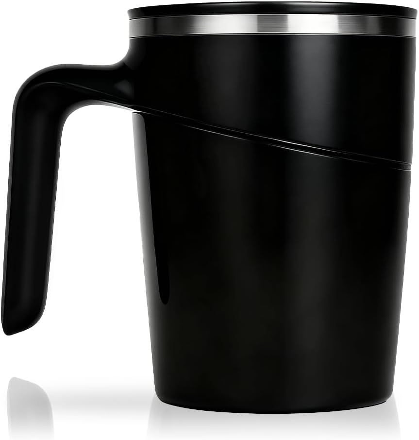 Anti-Impact No-Tip Desk Mug, 470ml / 15.9oz Stainless Steel Vacuum Insulated Mug with Handle, Smart Suction Base, Non-Slip & Knock Proof, Helps Prevent Desk Spills for Coffee, Tea, Kids & Pets (Black)