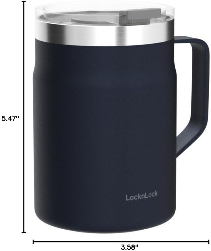 LocknLock Metro Mug Premium 18/8 Stainless Steel Double Wall Insulated with Handle Perfect for table with Lid, Black, 16 oz
