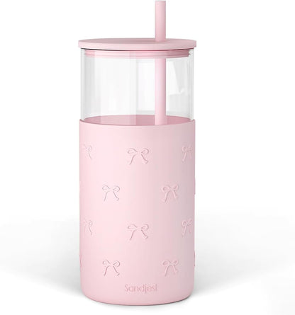 SANDJEST Glass Tumbler with Straw and Lid, Glass Water Bottle with Silicone Sleeve 20oz, Smoothie, Iced Coffee Cup, Gifts for Women Teen Girls Birthday Christmas (Cream)