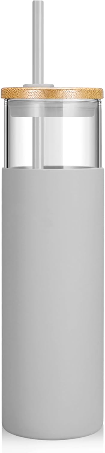 Tronco 24 oz Glass Tumbler with Lids and Straw, Reusable Iced Coffee Cup & Smoothie Cup with Bamboo Lid, Silicone Sleeve, Dishwasher Safe, BPA-Free Borosilicate Glass, 1 Pack