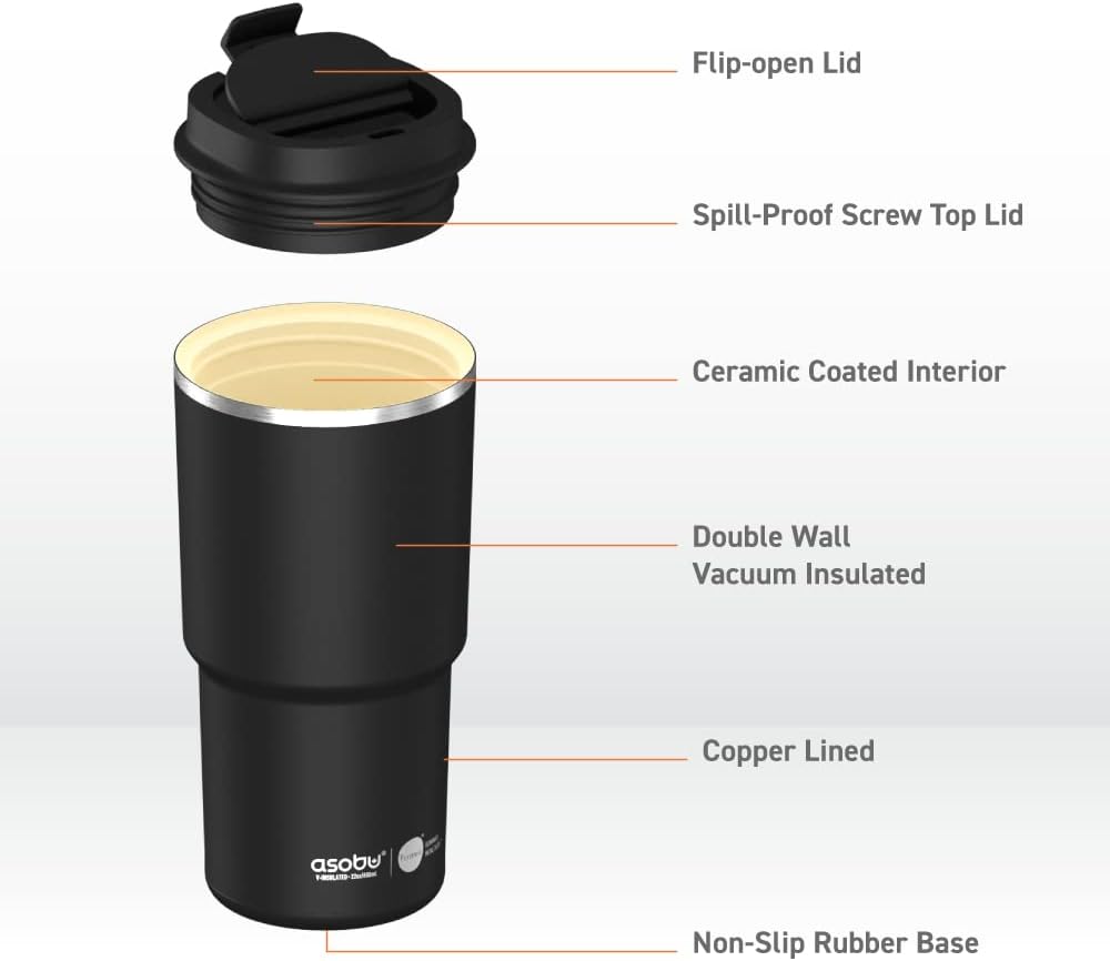 asobu 22oz Extra Large Ceramic-Lined Travel Mug with No Metal Taste-Keeps Flavors True - Double-Wall Vacuum Insulated Coffee Mug with Spill-Proof Pop-Open Lid for Hot Drinks